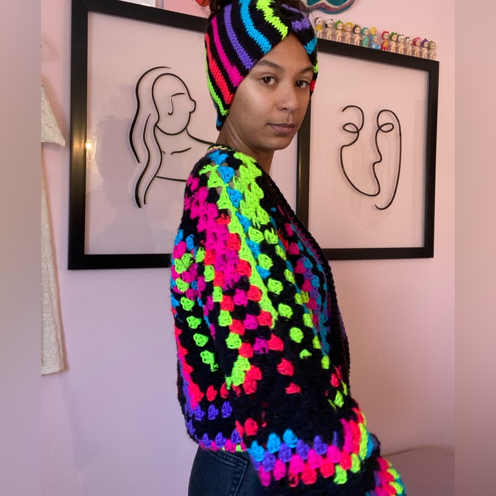 Handmade Crochet Cardigan with Matching Winter Headband Set - Picture 5 of 12